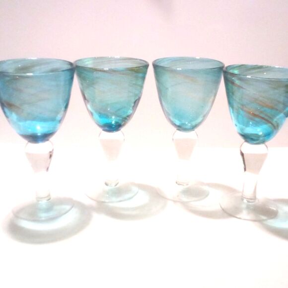Set of Four Vintage Hand Blown Heavy Blue and Gold Swirl Goblets - Picture 4 of 5